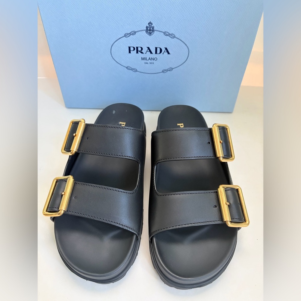 Prada Women’s Leather Dual-Buckle Slide Sandals - Picture 8 of 12